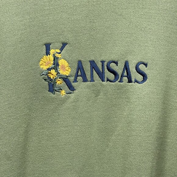 Vintage Kansas Embroidered Green Sweatshirt By Desert Heat Medium Made In USA - Picture 2 of 5